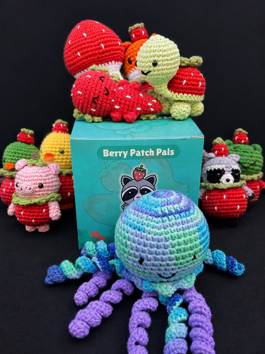 Berry Patch Pals Series 1 crochet minis with Stardust the jellyfish in front