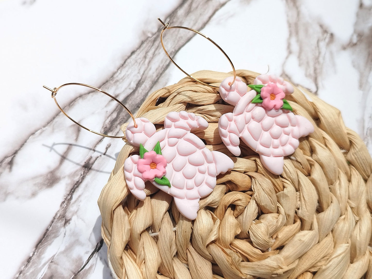 Sakura Turtle polymer clay earrings, japanese kawaii earrings, fun funky weird handmade cottagecore, cute anime, novelty quirky unique earrings