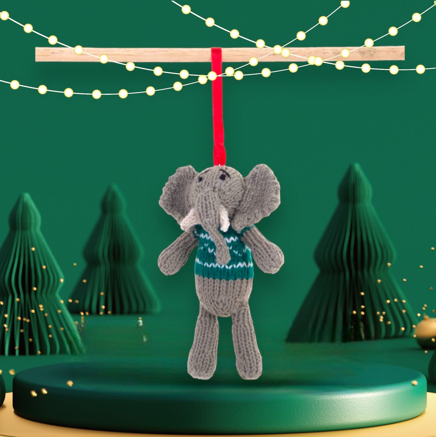 Elephant Green Christmas Crochet ornament Amigurumi Cute Desk Decor Toy, Baby's First Nativity, Stocking Stuffer, Unique Festive Decor