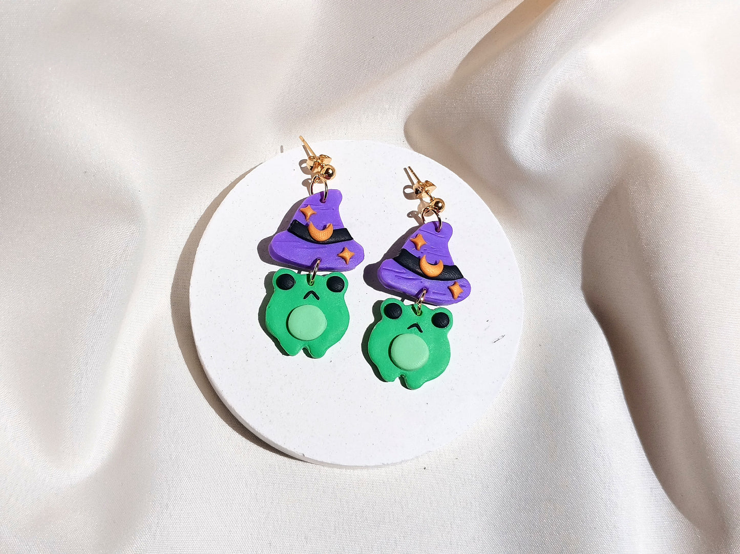 Witchy frog polymer clay earrings, halloween spooky witch wican Handmade Dainty dangle cute minimalist earrings, birthday gift for best friend