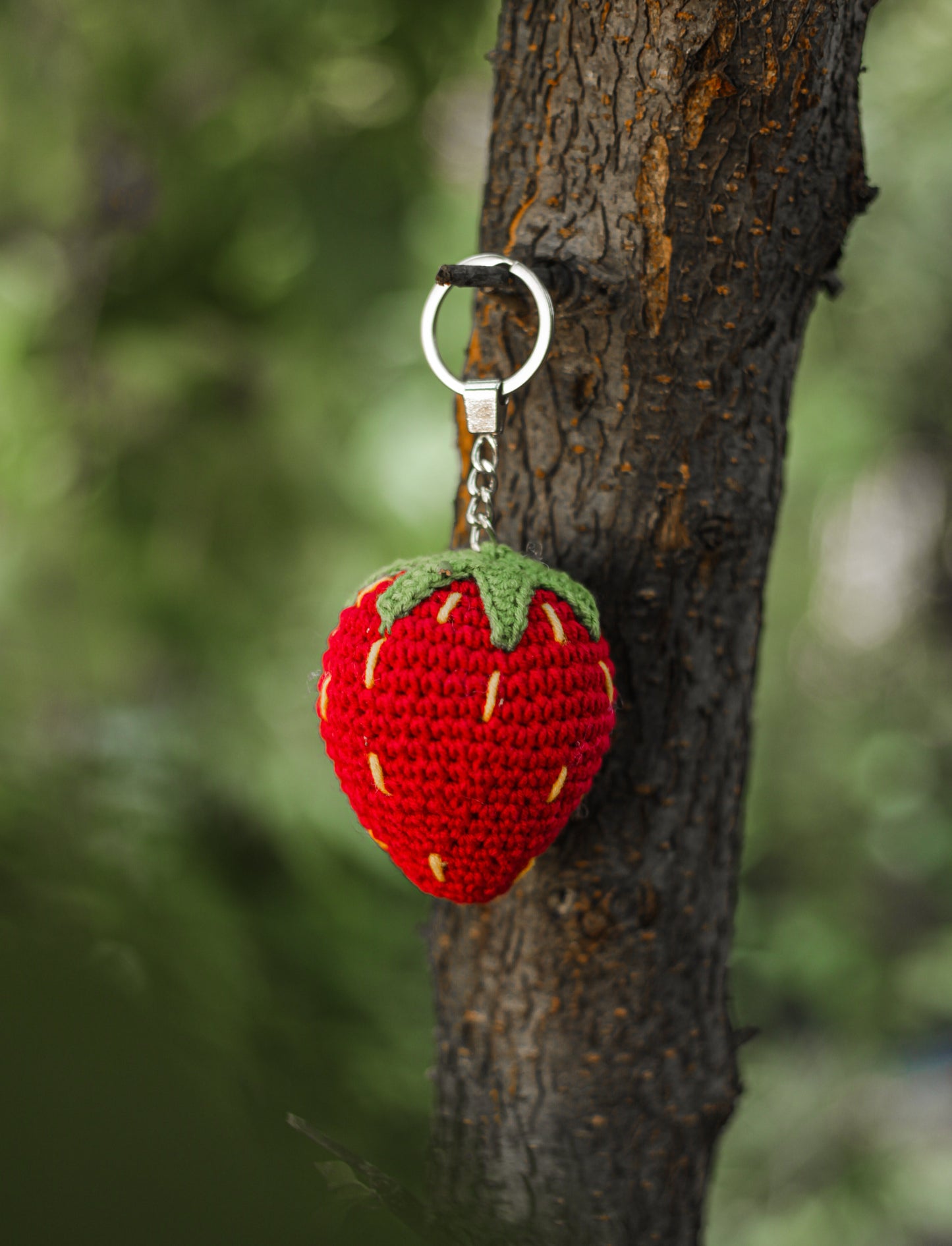 Strawberry Crochet Keychain Miniature amigurumi figurine for office desk decor, fidget sensory toy, unique gift for car dashboard . kawaii pocket hug
