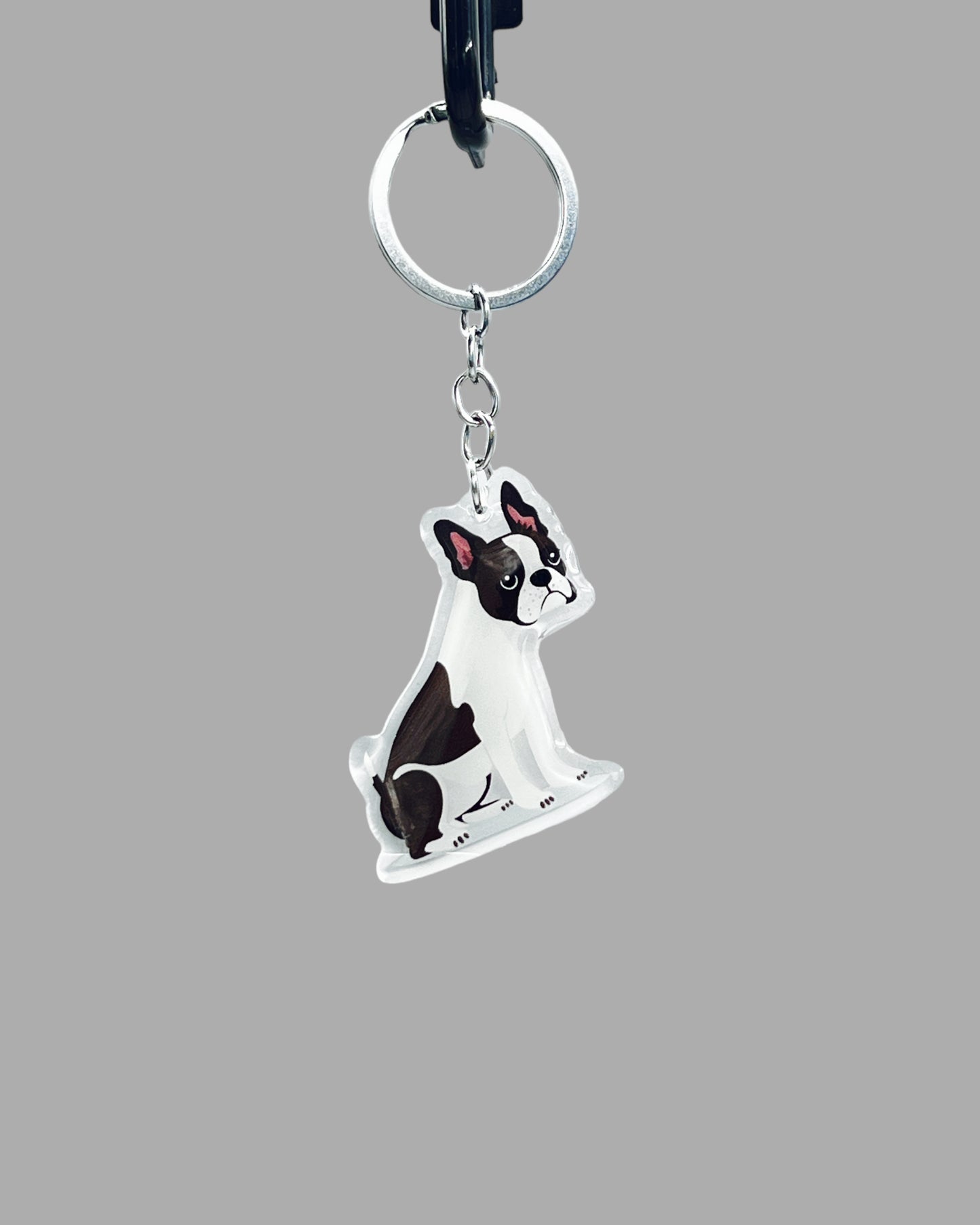 Boston Terrier Dog Acrylic keychain, Cute kawaii memorial ornament, pet portrait charm gift backpack fob, dad car décor, first day of school