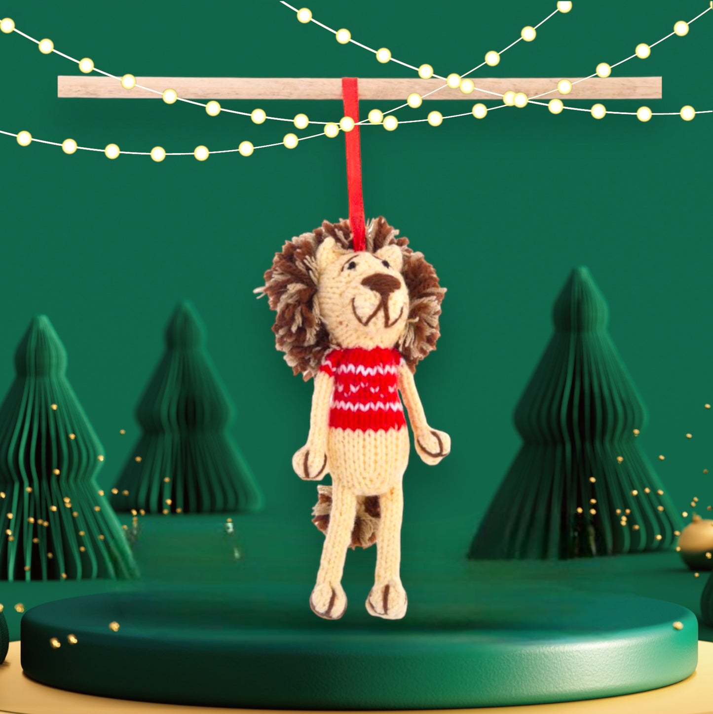 Lion Red Christmas Crochet ornament Amigurumi Cute Desk Decor Toy, Baby's First Nativity, Stocking Stuffer, Unique Festive Decor