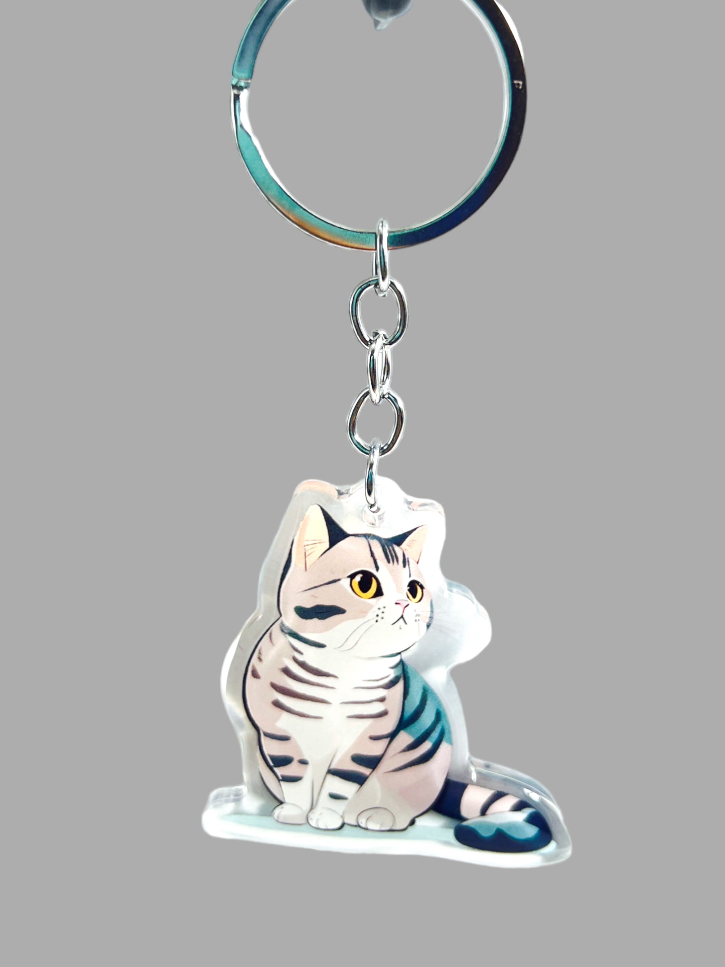 Grey Tabby Cat Acrylic Keychain, Cute kawaii memorial ornament, pet portrait charm gift backpack fob, dad car décor, first day of school gift