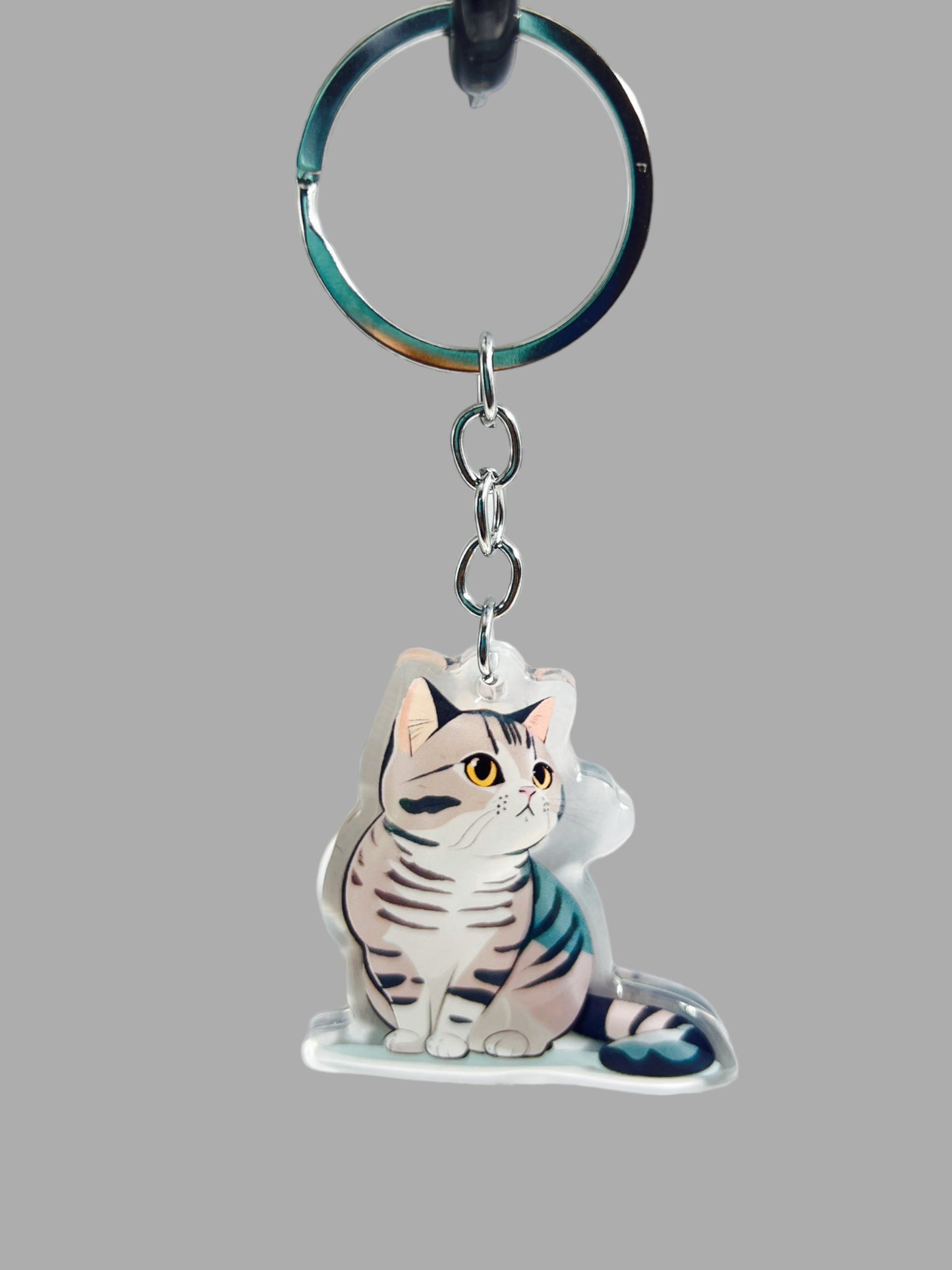 Grey Tabby Cat Acrylic Keychain, Cute kawaii memorial ornament, pet portrait charm gift backpack fob, dad car décor, first day of school gift