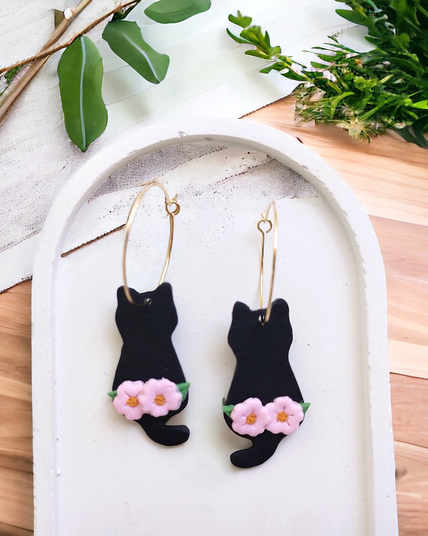 Sakura Cat Dainty polymer clay earrings, japanese kawaii earrings, fun funky weird handmade cottagecore, cute anime, novelty quirky unique earrings