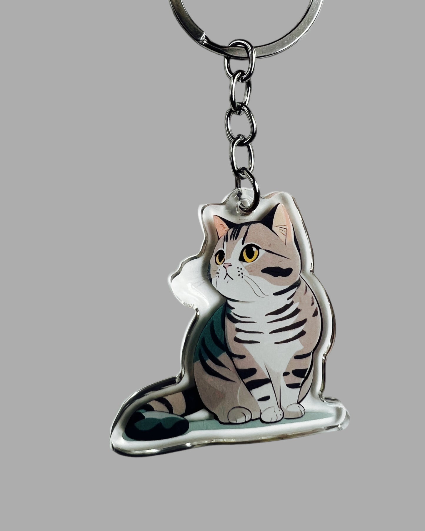 Grey Tabby Cat Acrylic Keychain, Cute kawaii memorial ornament, pet portrait charm gift backpack fob, dad car décor, first day of school gift
