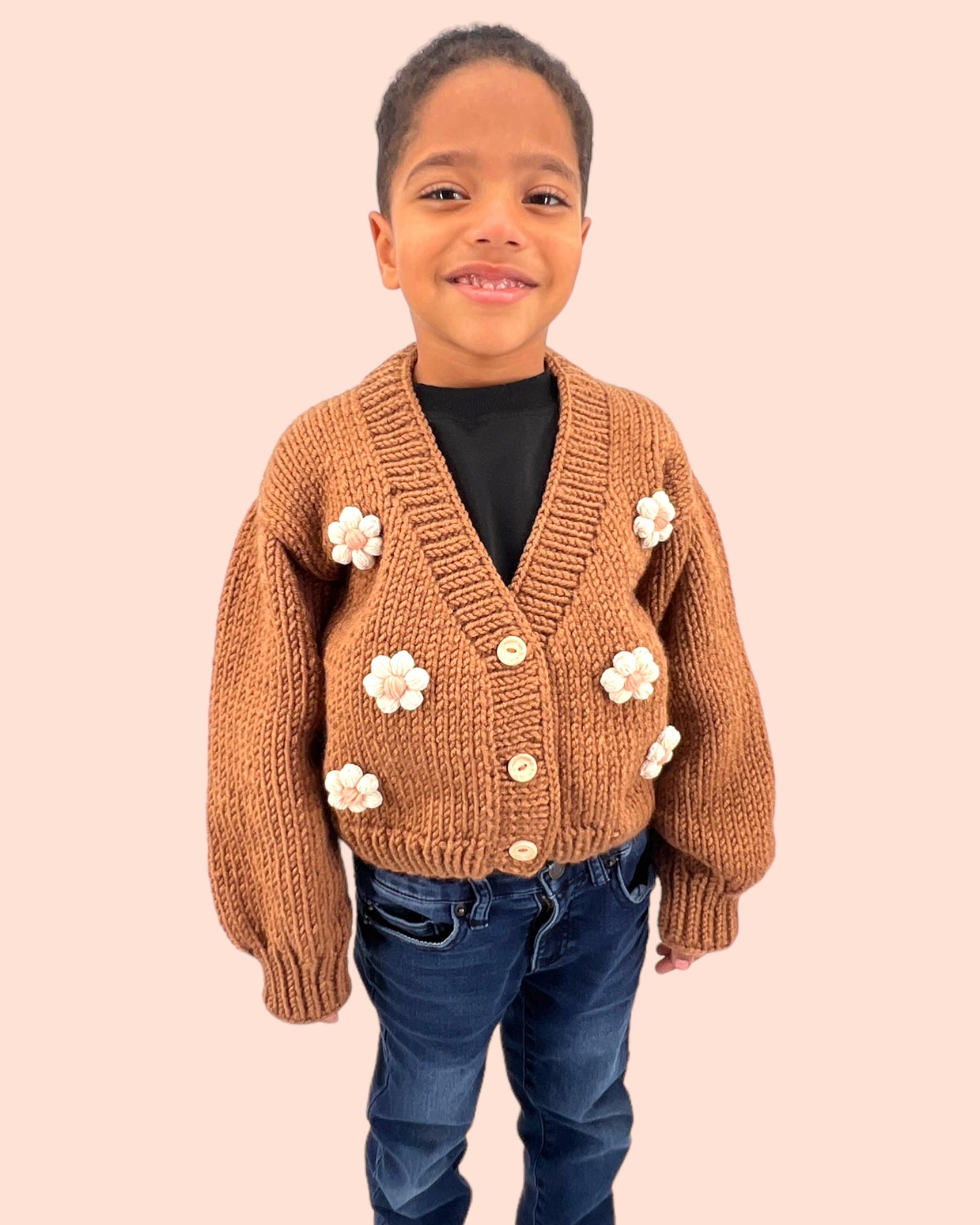 Kids Cardigan Sweater Daisy flowers unisex neutral colors handmade knitted artisan kids clothes