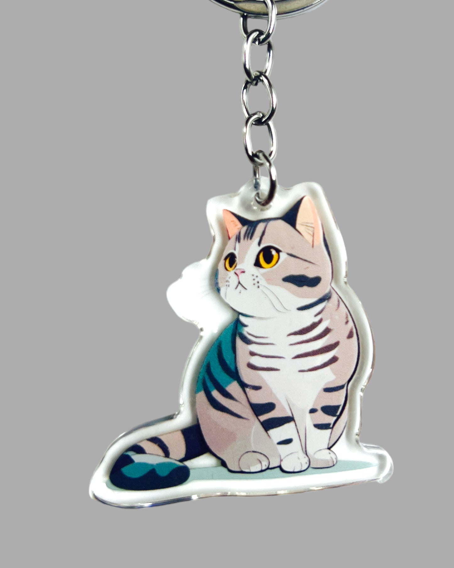 Grey Tabby Cat Acrylic Keychain, Cute kawaii memorial ornament, pet portrait charm gift backpack fob, dad car décor, first day of school gift