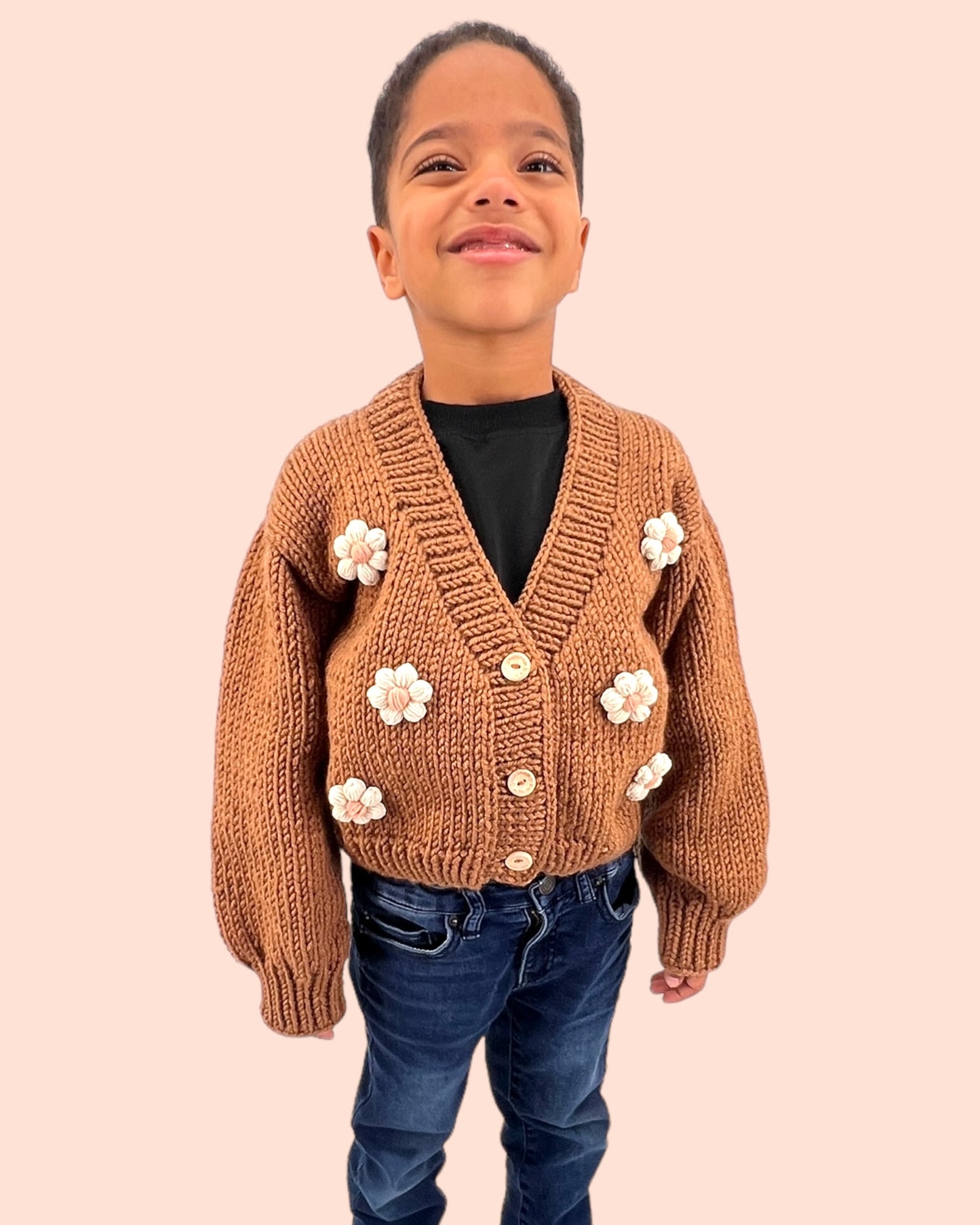 Kids Cardigan Sweater Daisy flowers unisex neutral colors handmade knitted artisan kids clothes
