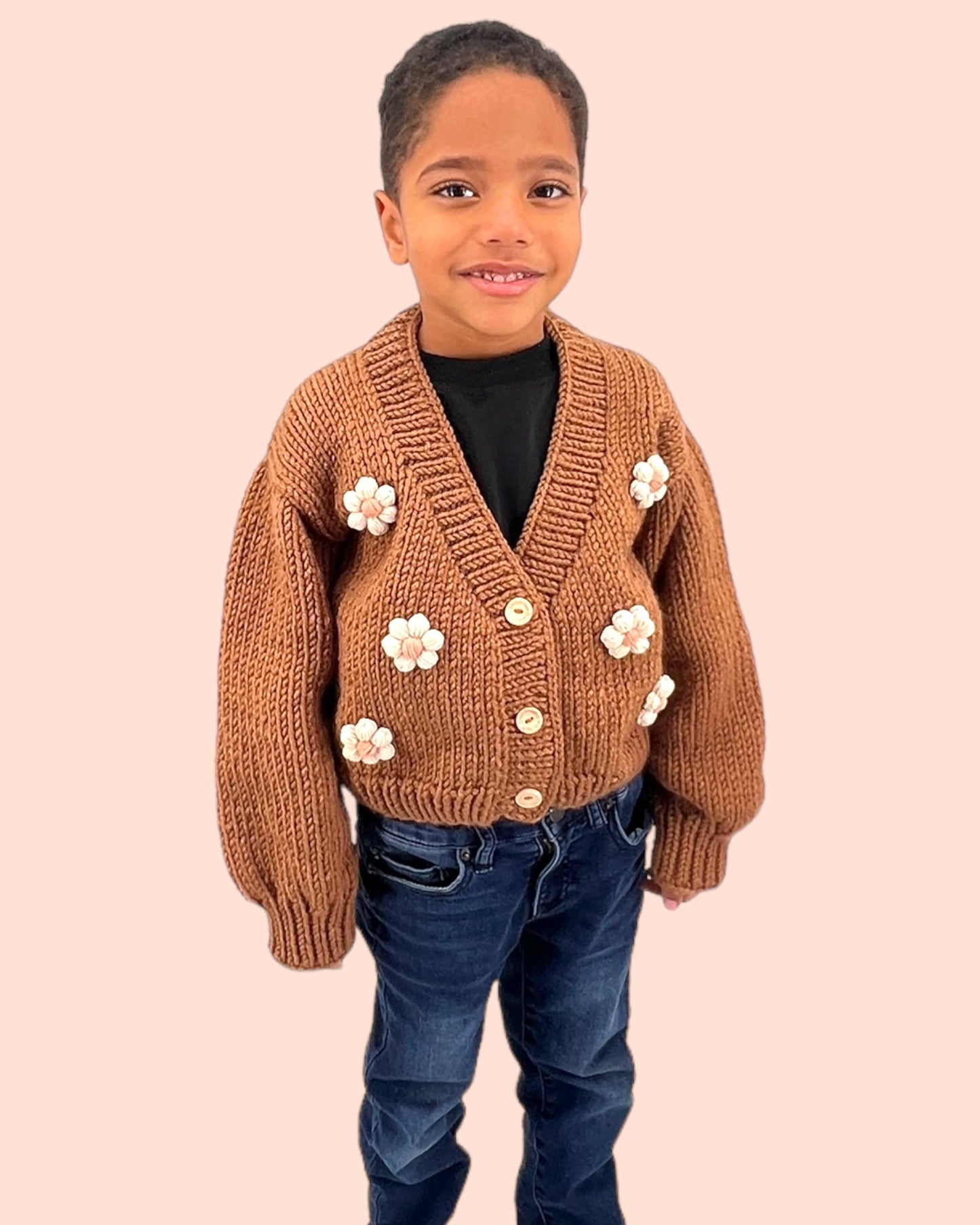 Kids Cardigan Sweater Daisy flowers unisex neutral colors handmade knitted artisan kids clothes