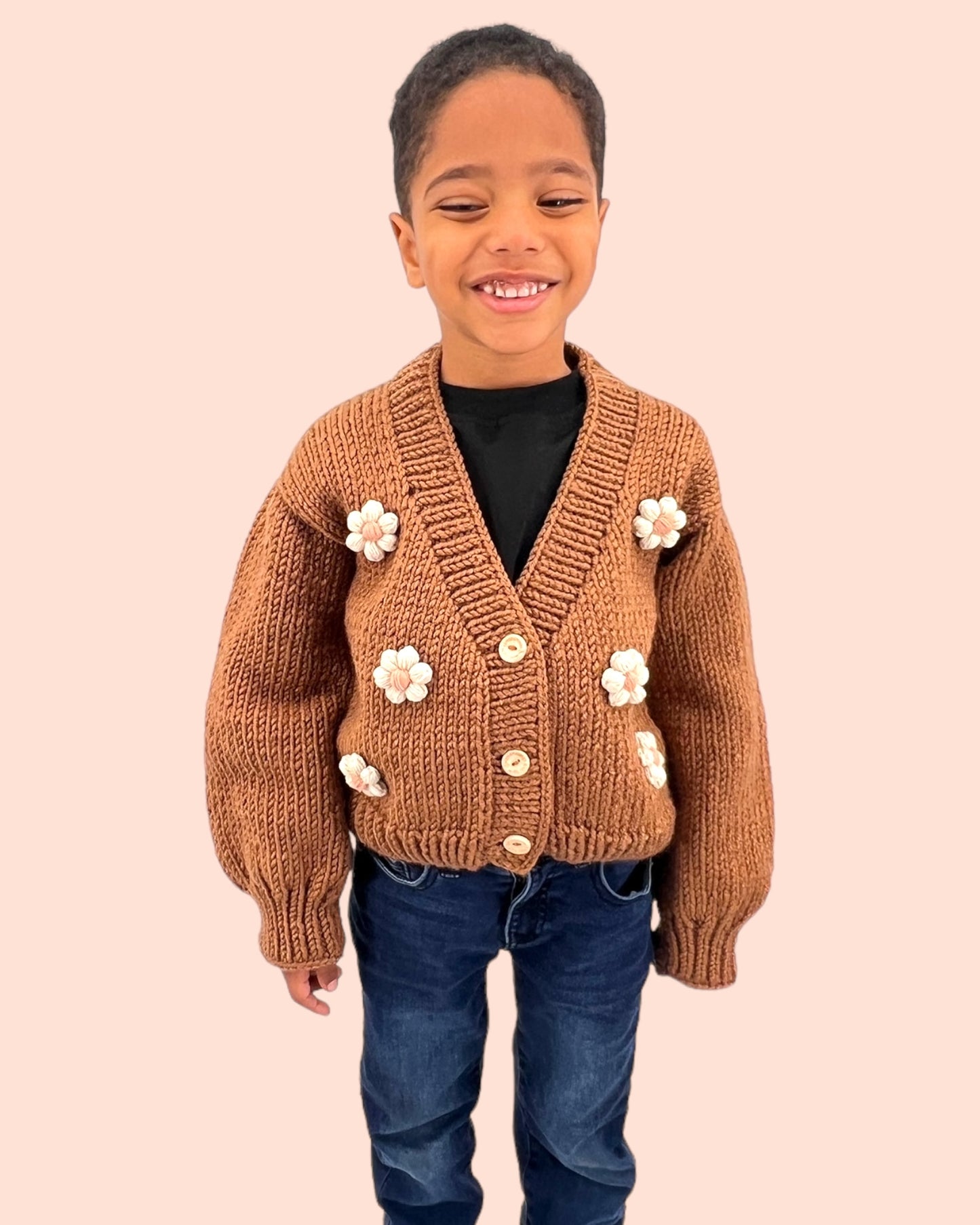 Kids Cardigan Sweater Daisy flowers unisex neutral colors handmade knitted artisan kids clothes