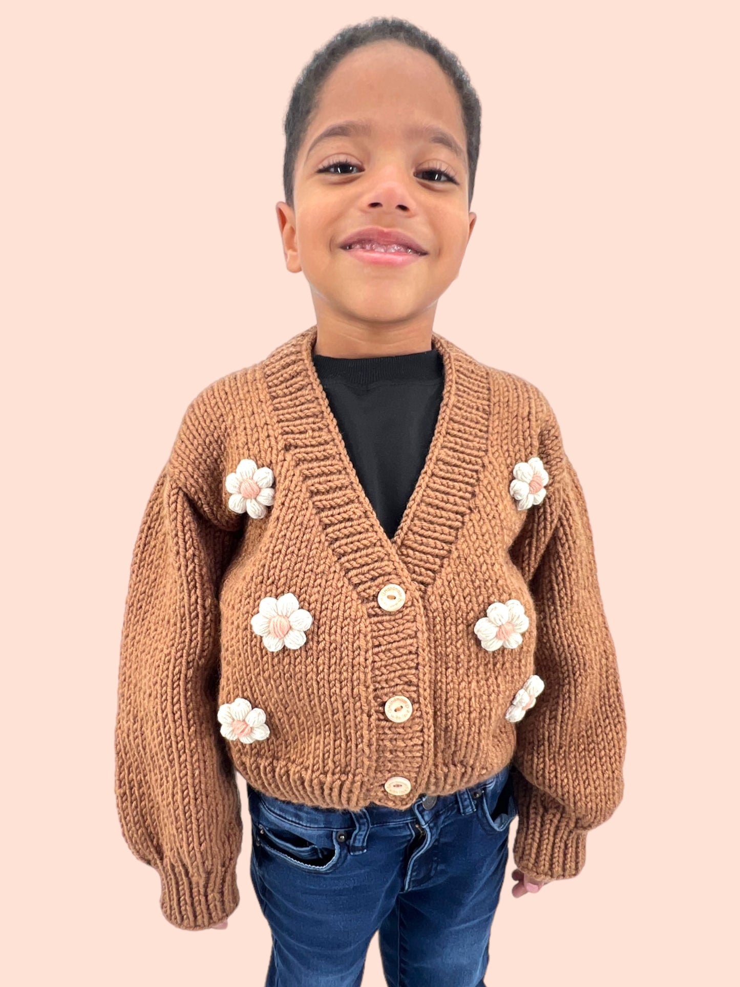 Kids Cardigan Sweater Daisy flowers unisex neutral colors handmade knitted artisan kids clothes