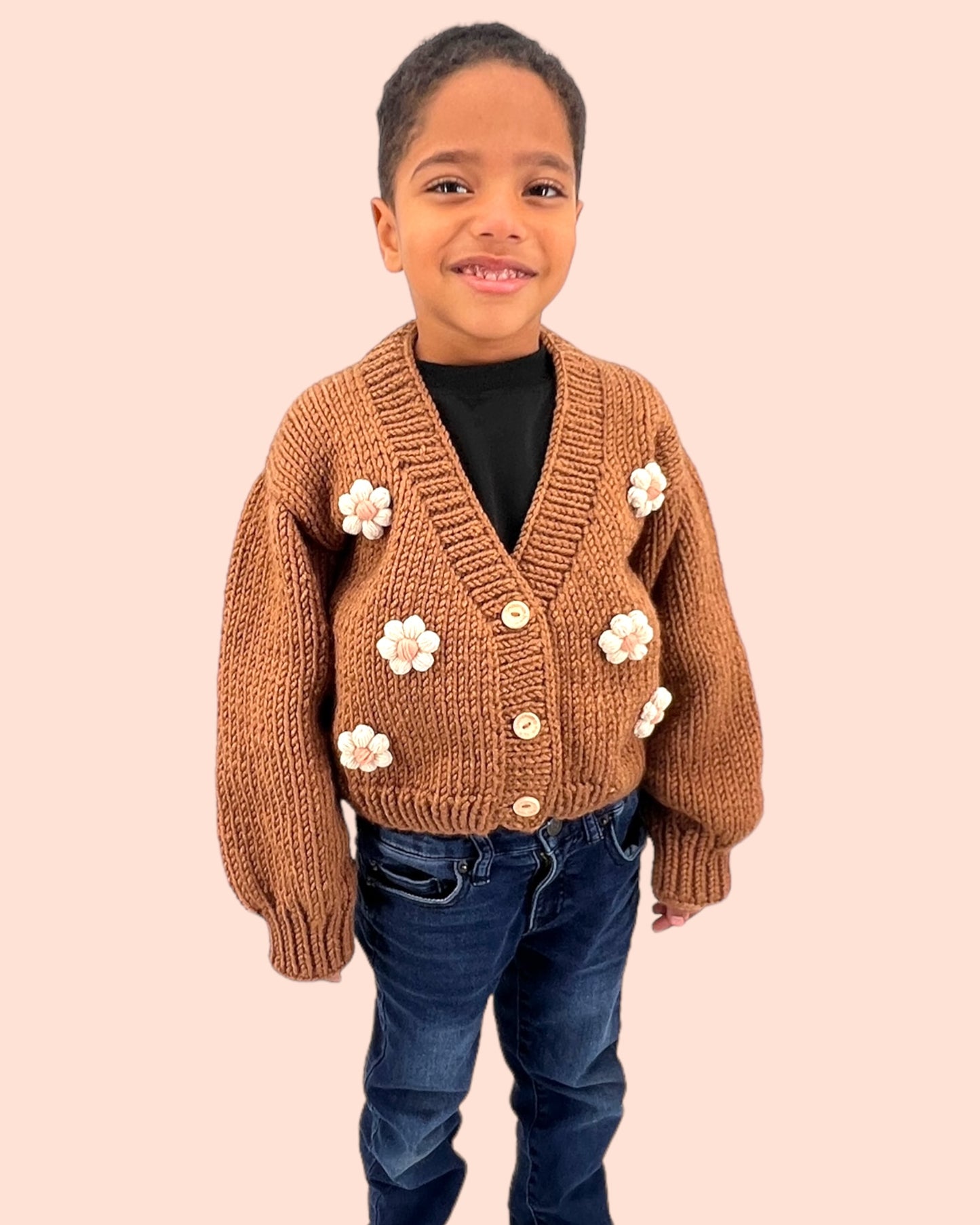 Kids Cardigan Sweater Daisy flowers unisex neutral colors handmade knitted artisan kids clothes