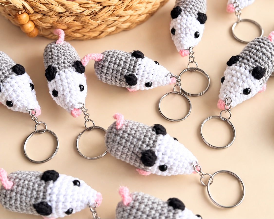Possum crochet keychains with keyrings