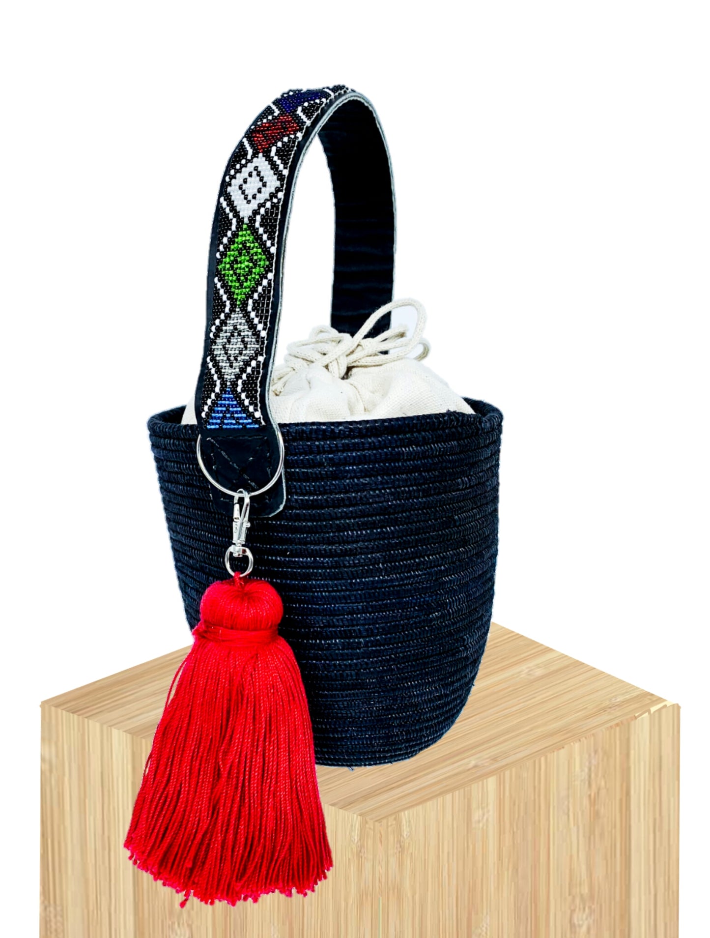 Handwoven Basket Bucket Bag Rwanda with Beaded Handles