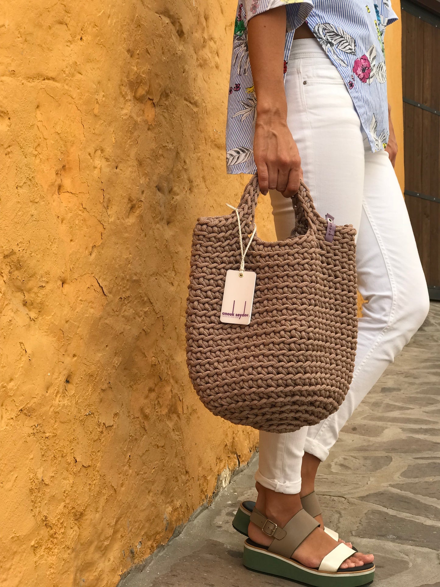 Scandinavian Style Handmade Crochet Tote Bag with Short Hands Taupe