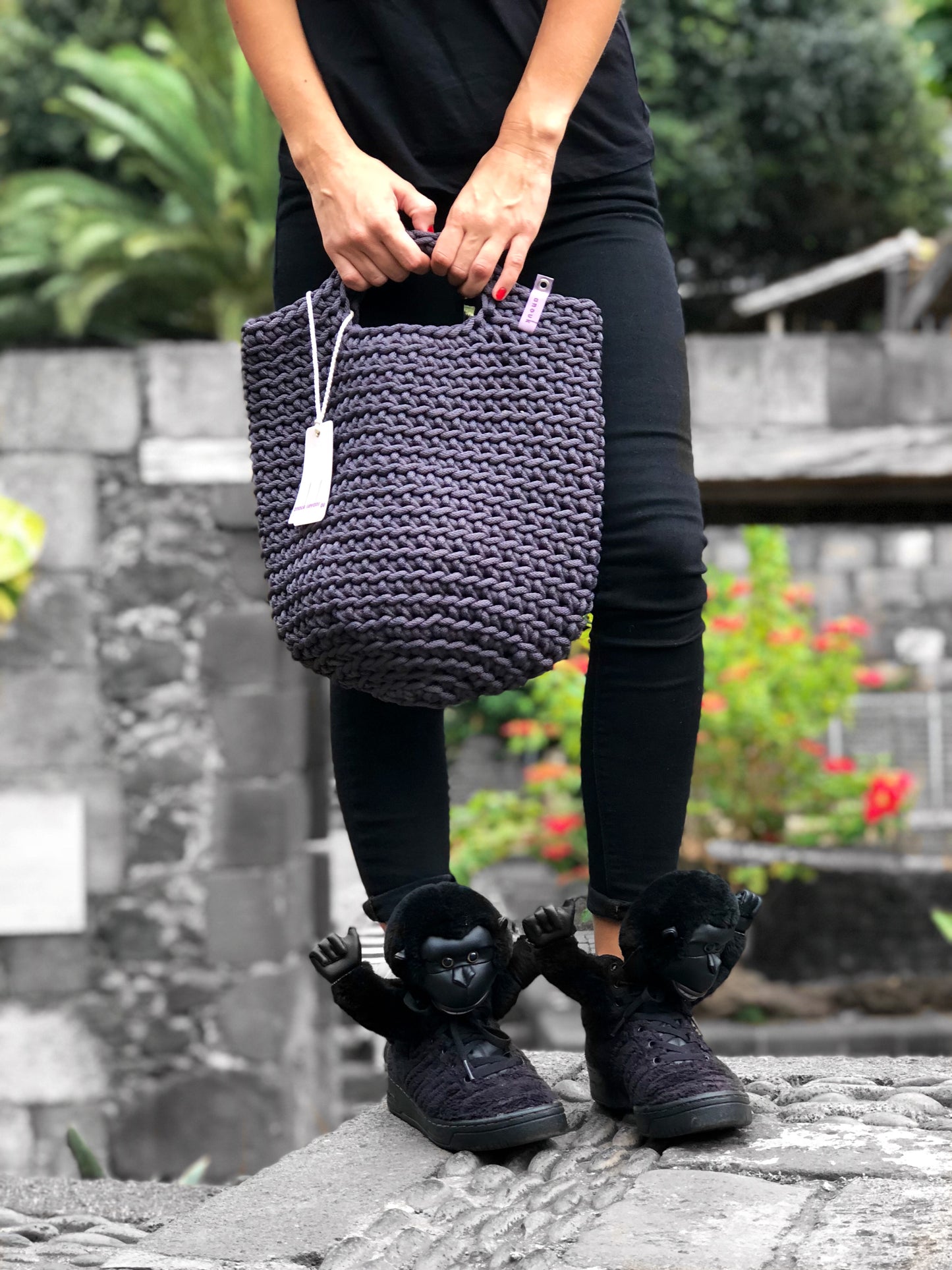 Scandinavian Style Crochet Tote Bag Handmade Matte Gray with Short Handles