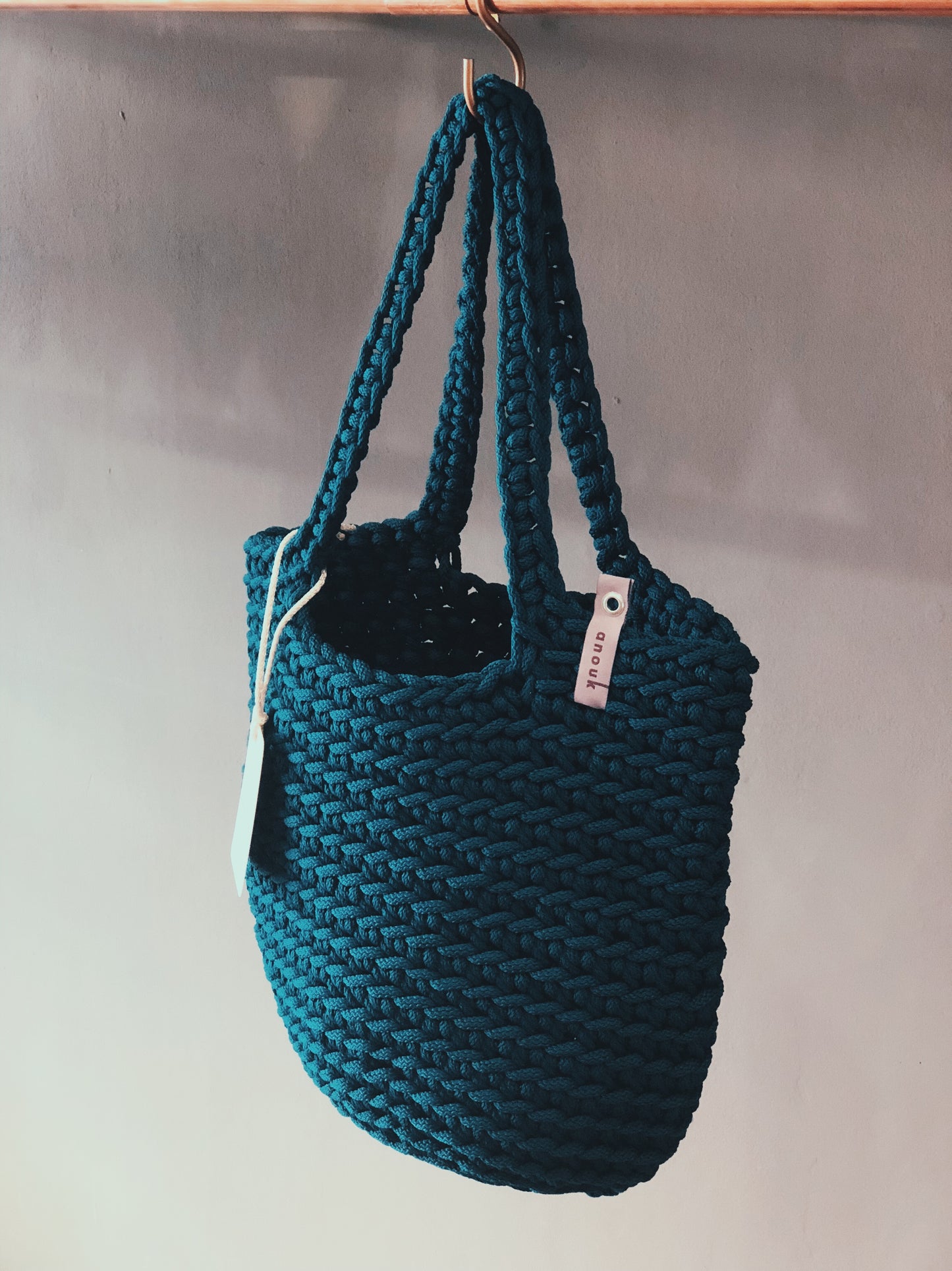 Scandinavian Style Crochet Tote Bag Dark Teal color