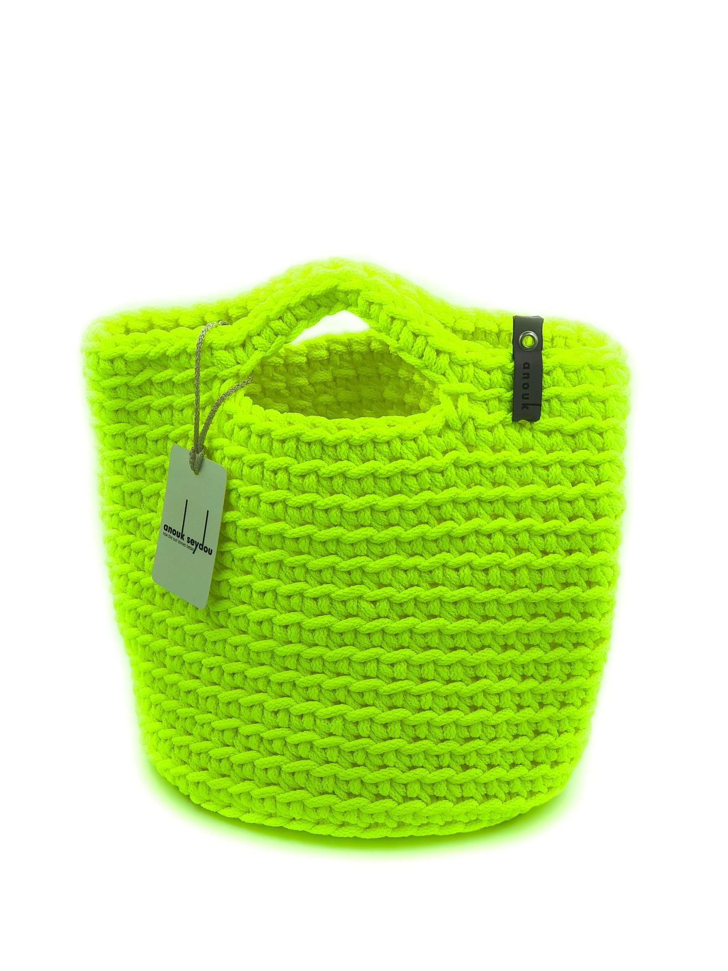 Scandinavian Style Handmade Crochet Tote Bag Short Handles Neon Yellow
