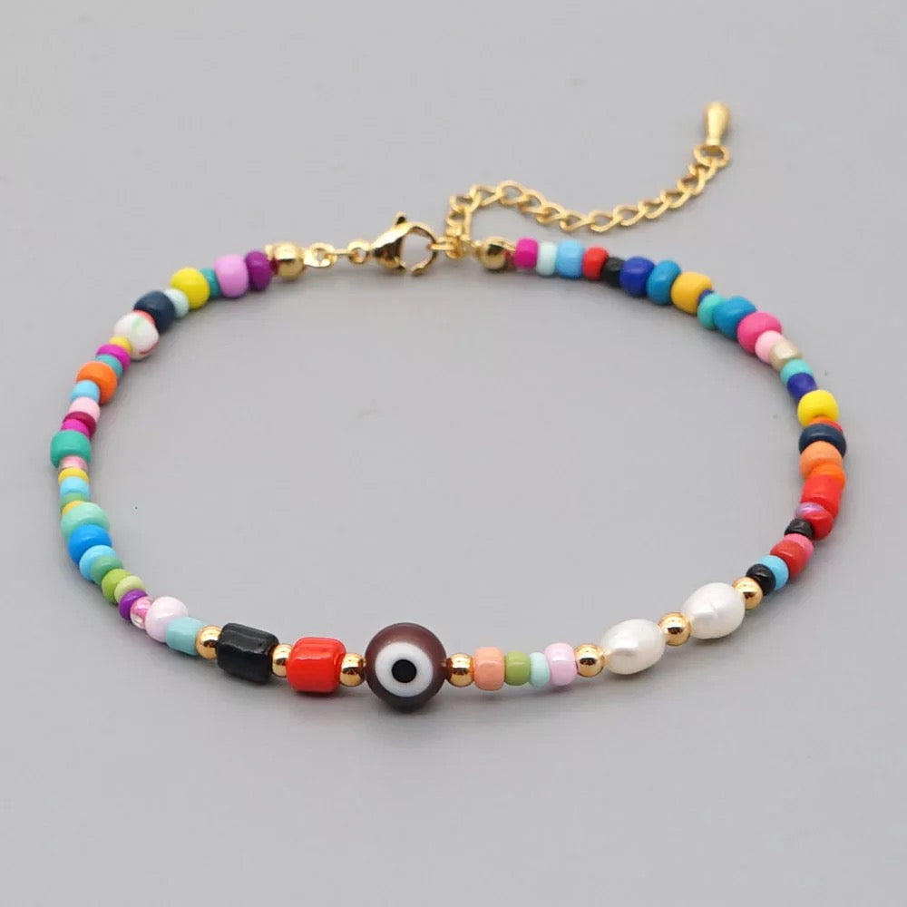 Multicolor Beads Evil Eye Anklet