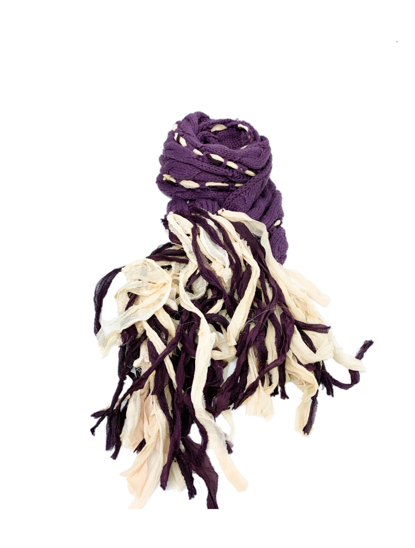 Upcycled Sari Ribbon Silk on Knitted Cable Scarf/ Boho Scarf