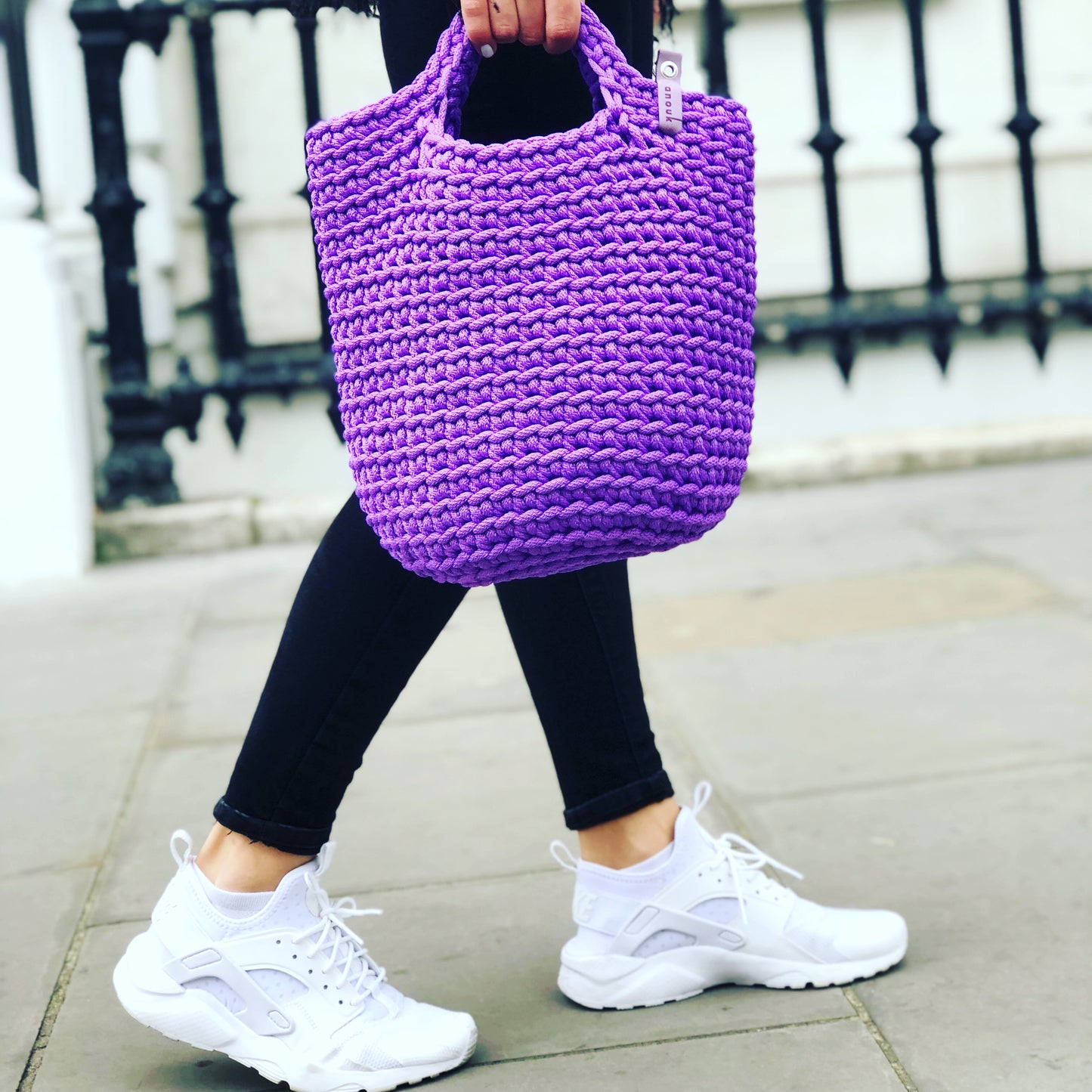 Scandinavian Handmade Crochet Tote Bag Short Handles Royal Purple