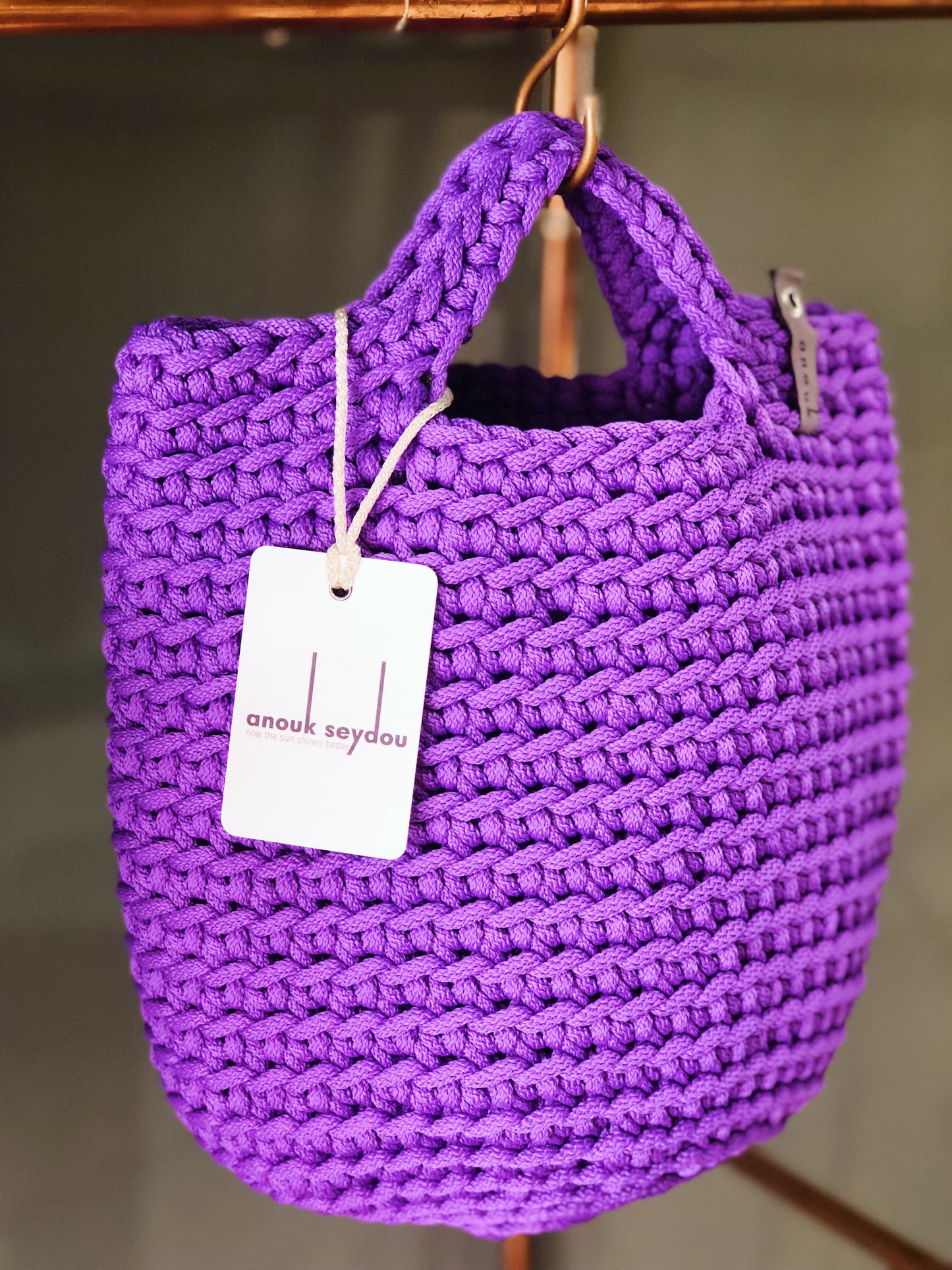 Scandinavian Handmade Crochet Tote Bag Short Handles Royal Purple