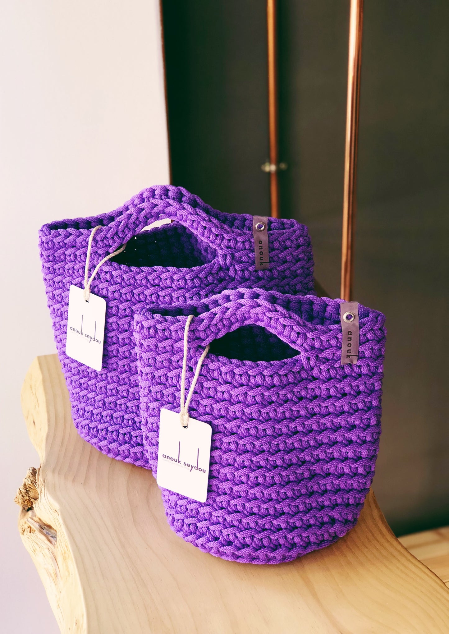 Scandinavian Handmade Crochet Tote Bag Short Handles Royal Purple