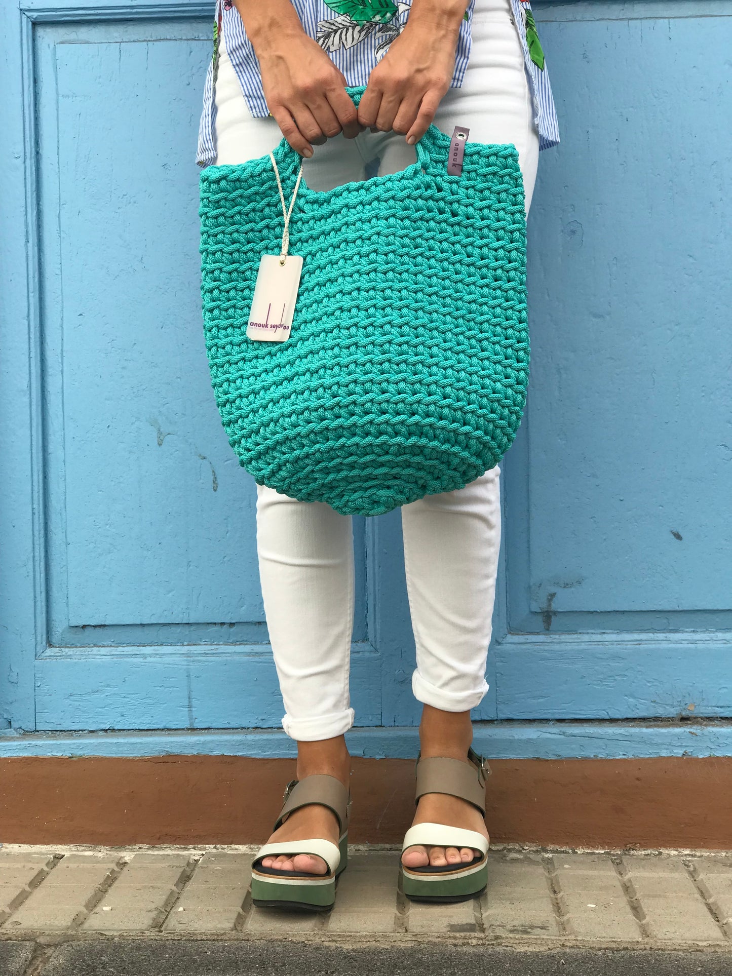 Scandinavian Style Handmade Crochet Tote Bag Teal with Short Handles