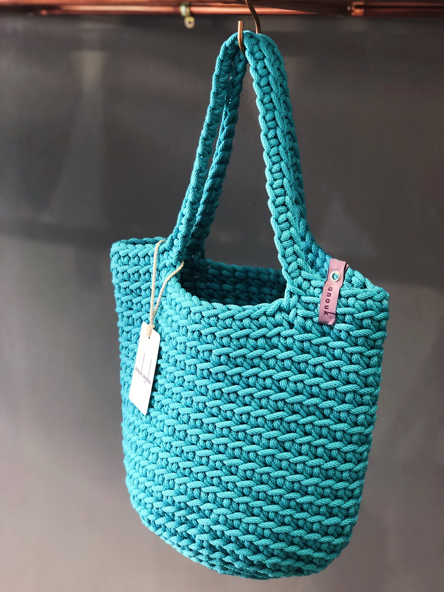 Scandinavian Style Teal Long Handles Tote Bag Handmade