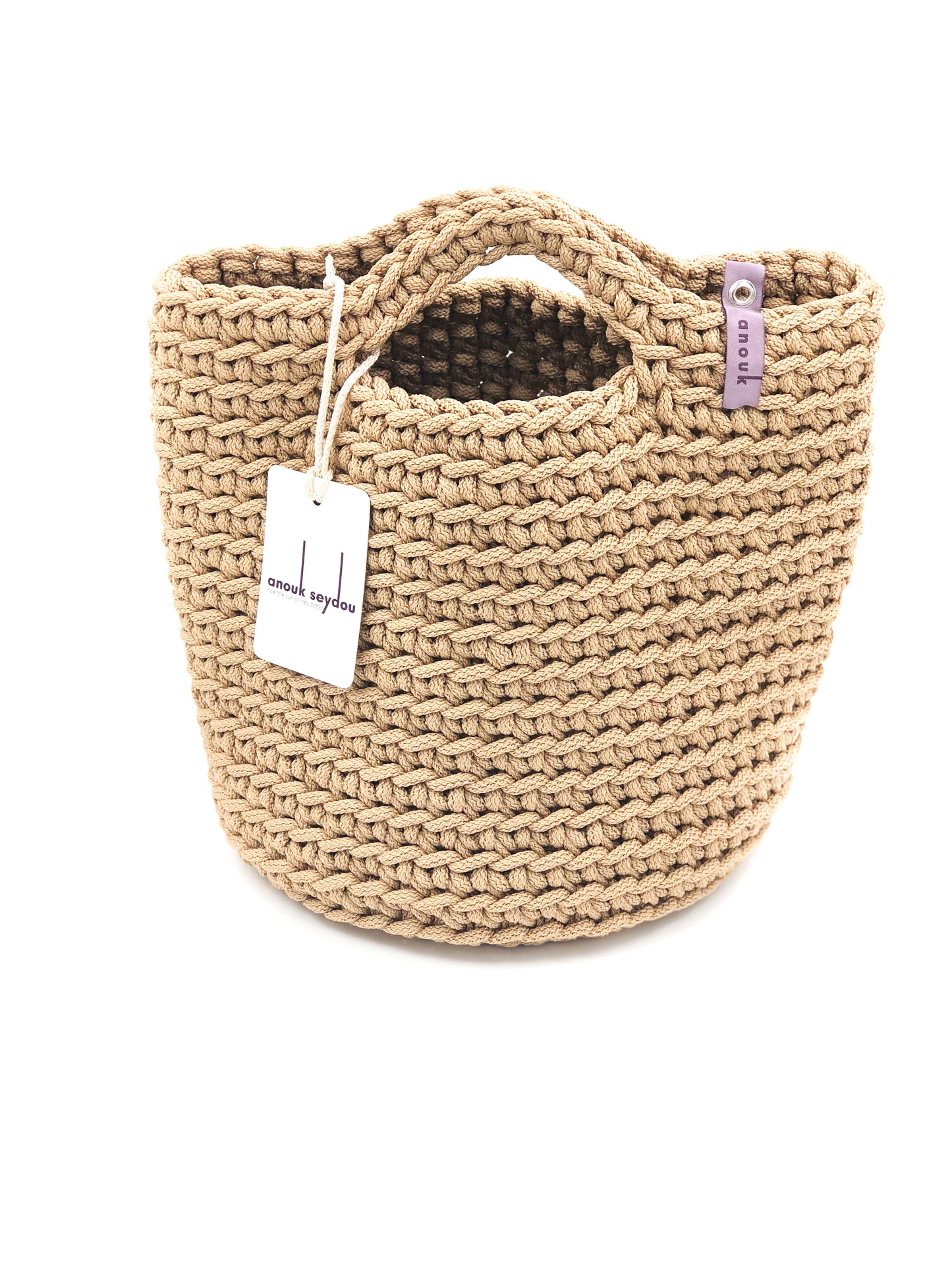 Scandinavian Style Handmade Crochet Tote Bag with Short Handles White Coffee