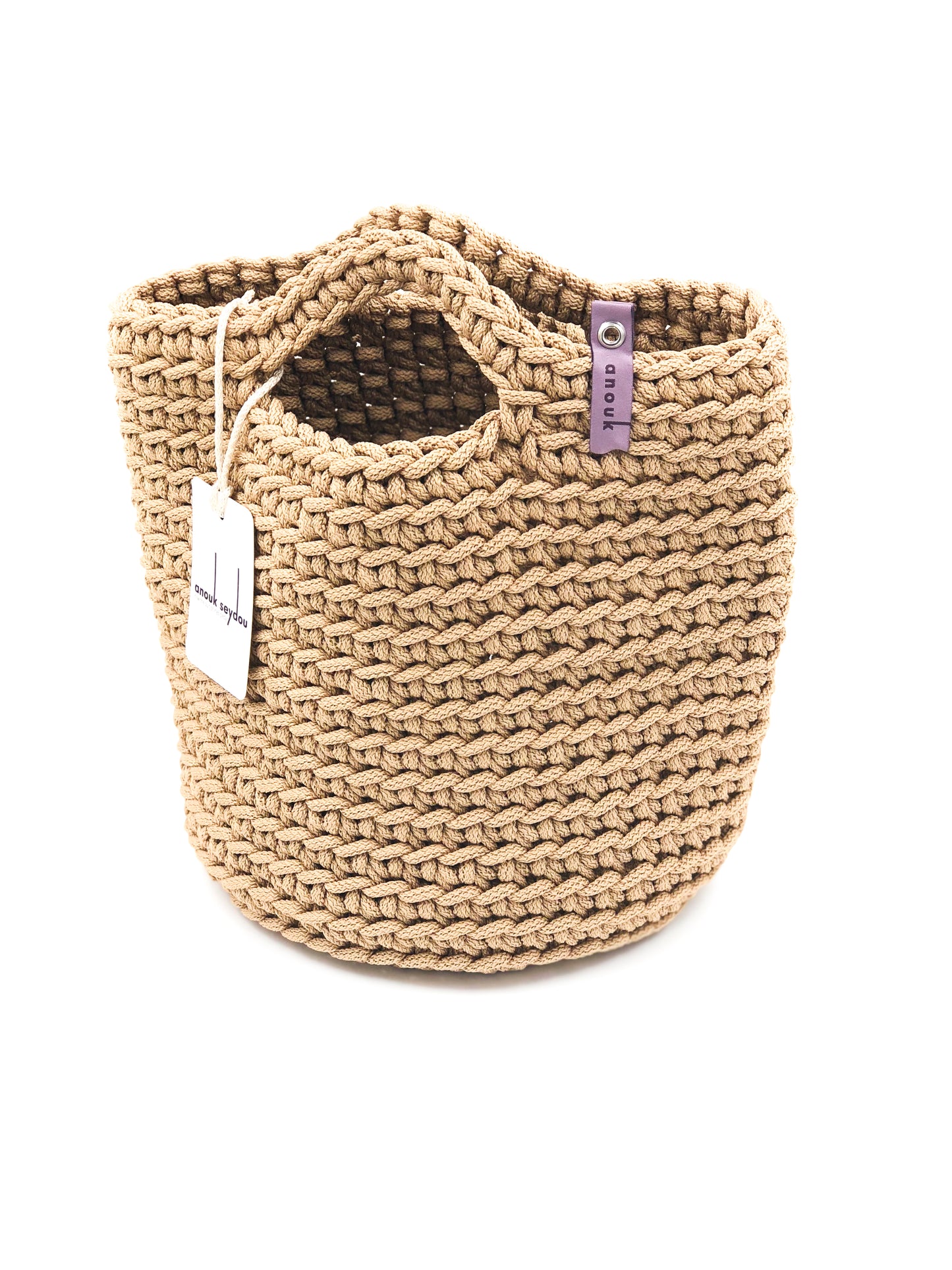 Scandinavian Style Handmade Crochet Tote Bag with Short Handles White Coffee