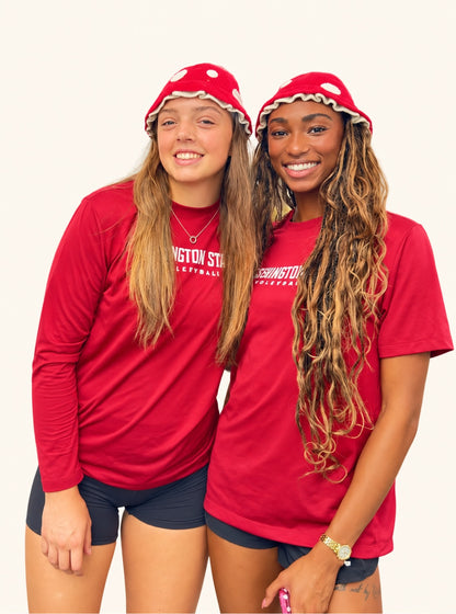 Crochet Mushroom Hat in Red and White, worn by two customers