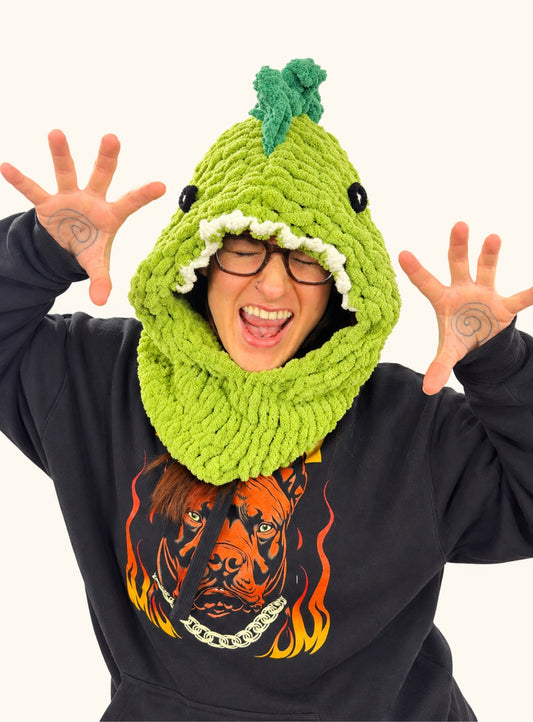 Balaclava Dinosaur hat worn by a customer