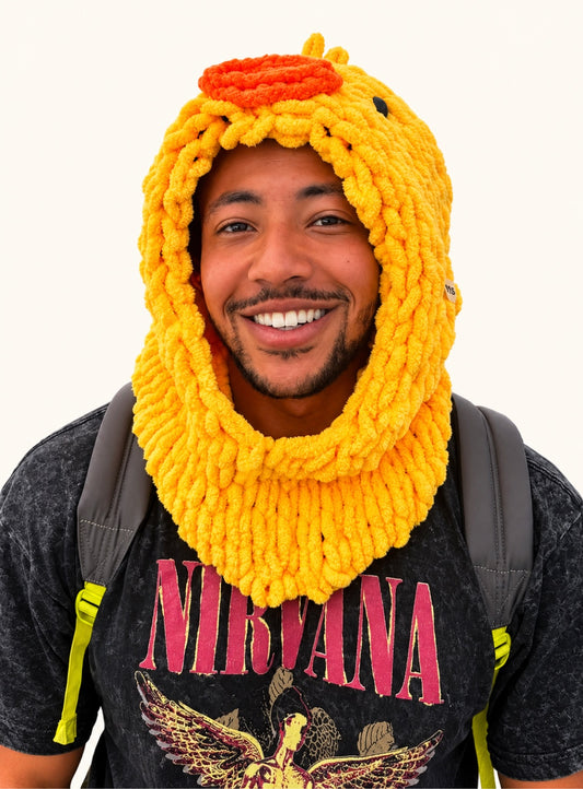 Balaclava Yellow duck hat worn by a customer