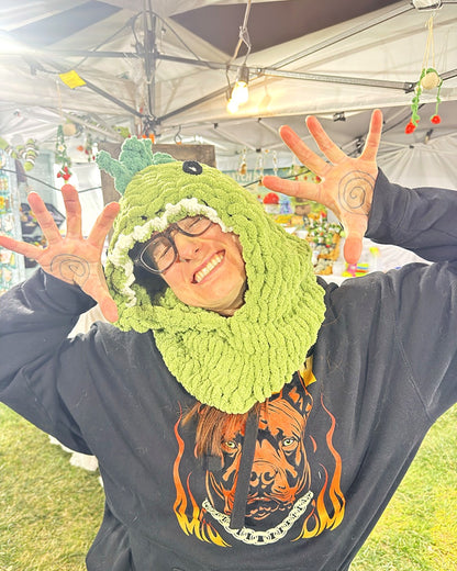 Balaclava Dinosaur hat worn by a customer