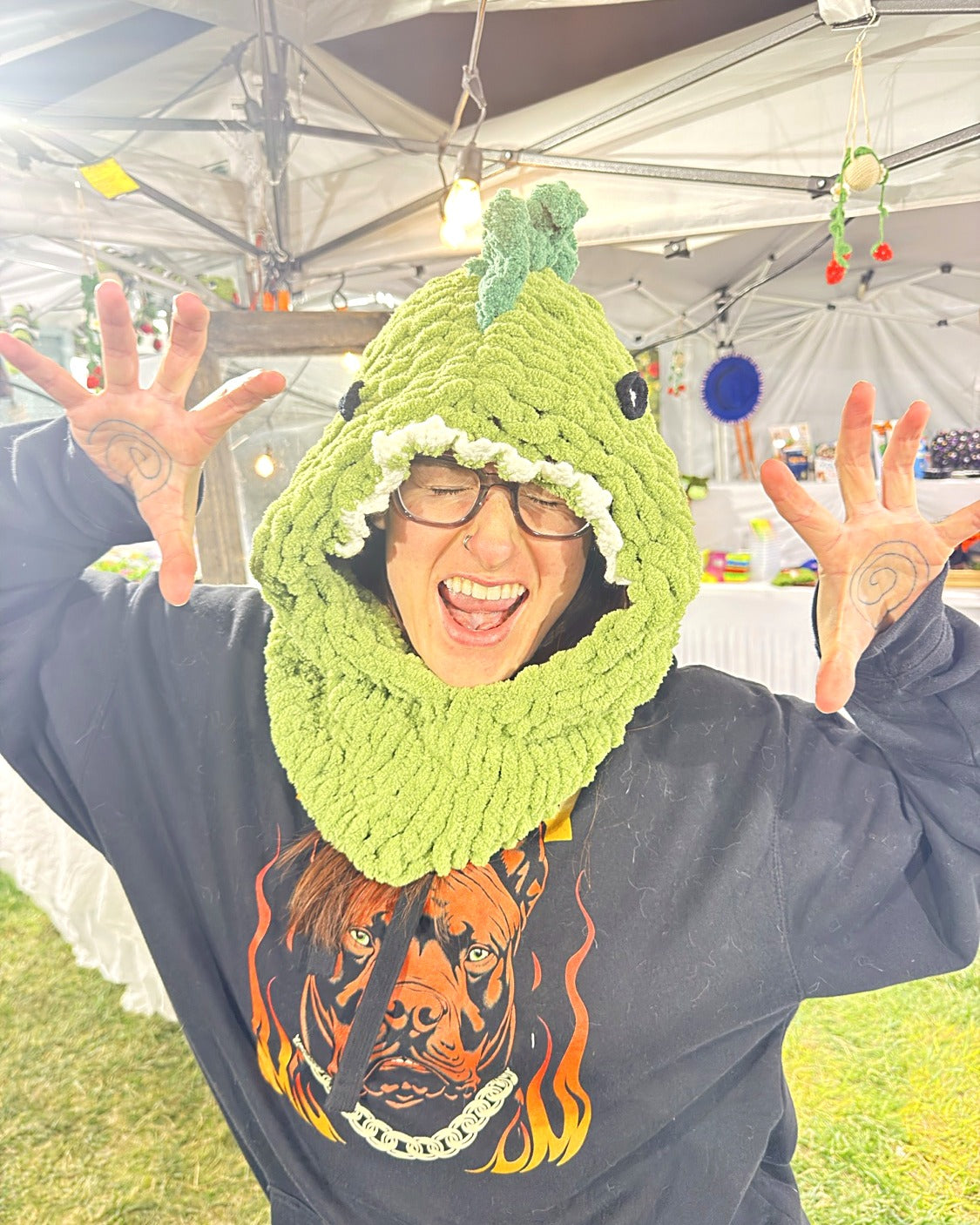 Balaclava Dinosaur hat worn by a customer