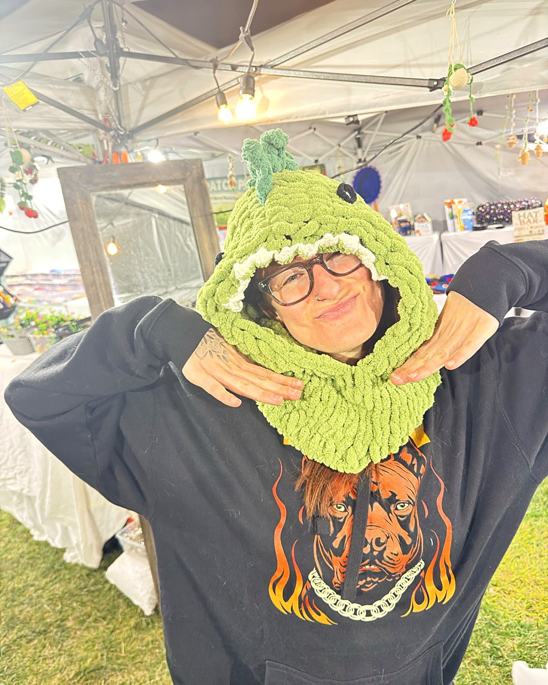 Balaclava Dinosaur hat worn by a customer