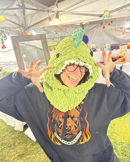 Balaclava Dinosaur hat worn by a customer