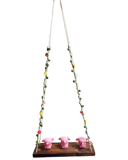 Pink bunny on a swing  Hanging Wall Shelf