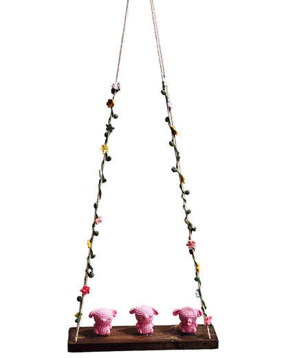 Pink bunny on a swing  Hanging Wall Shelf