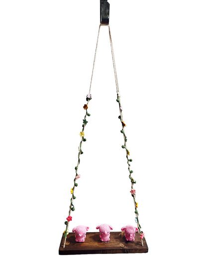 Pink bunny on a swing  Hanging Wall Shelf