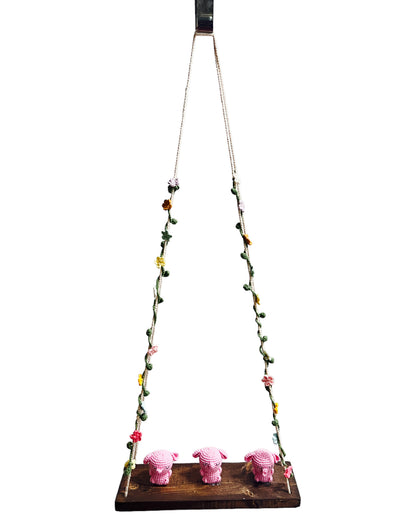 Pink bunny on a swing  Hanging Wall Shelf
