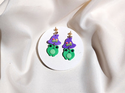Witchy mushroom frog polymer clay earrings, halloween spooky witch wican Handmade Dainty  dangle cute minimalist earrings, birthday gift for best friend