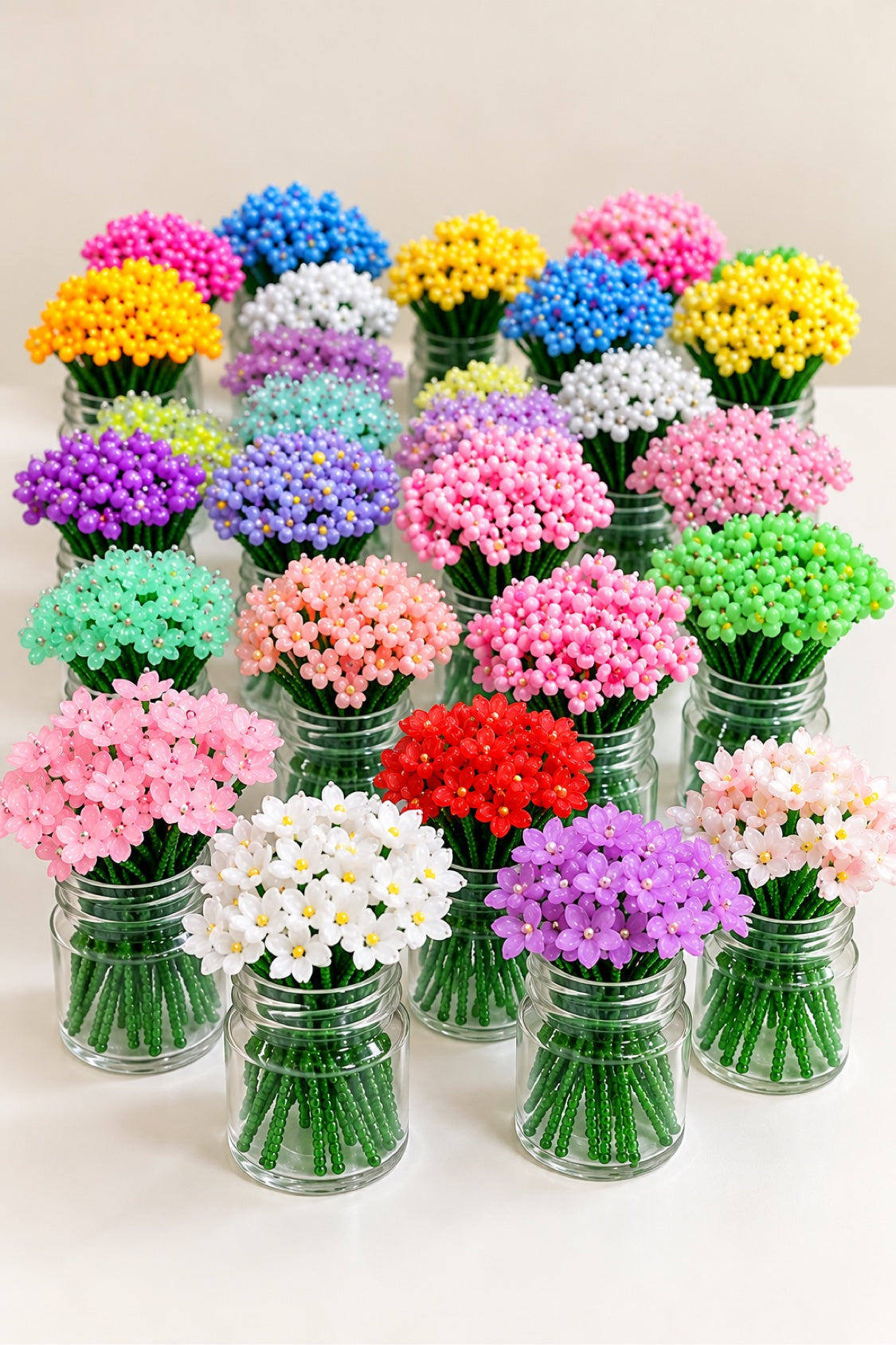 Beaded mini flower bouquets in glass jars - the full colour range