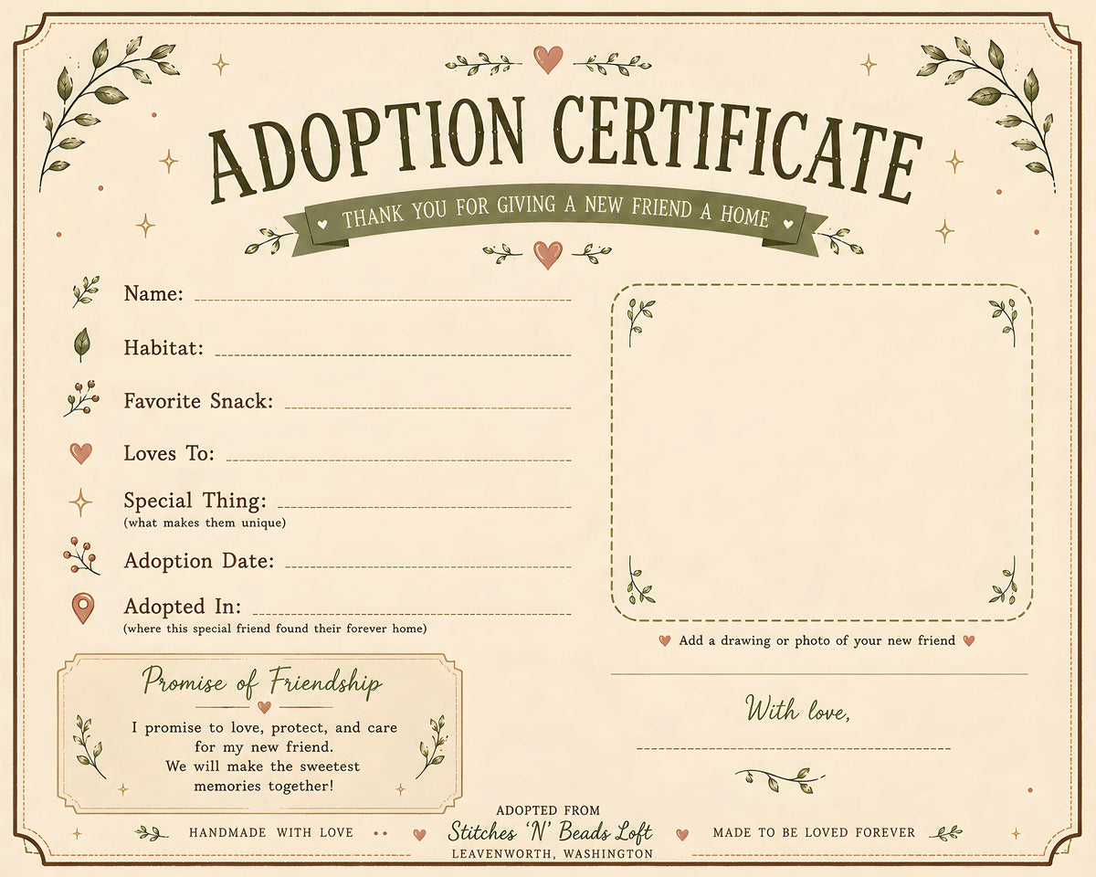 Keepsake adoption certificate - add your new friend's name, habitat, favorite snack and adoption date