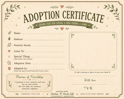 Keepsake adoption certificate - add your new friend's name, habitat, favorite snack and adoption date
