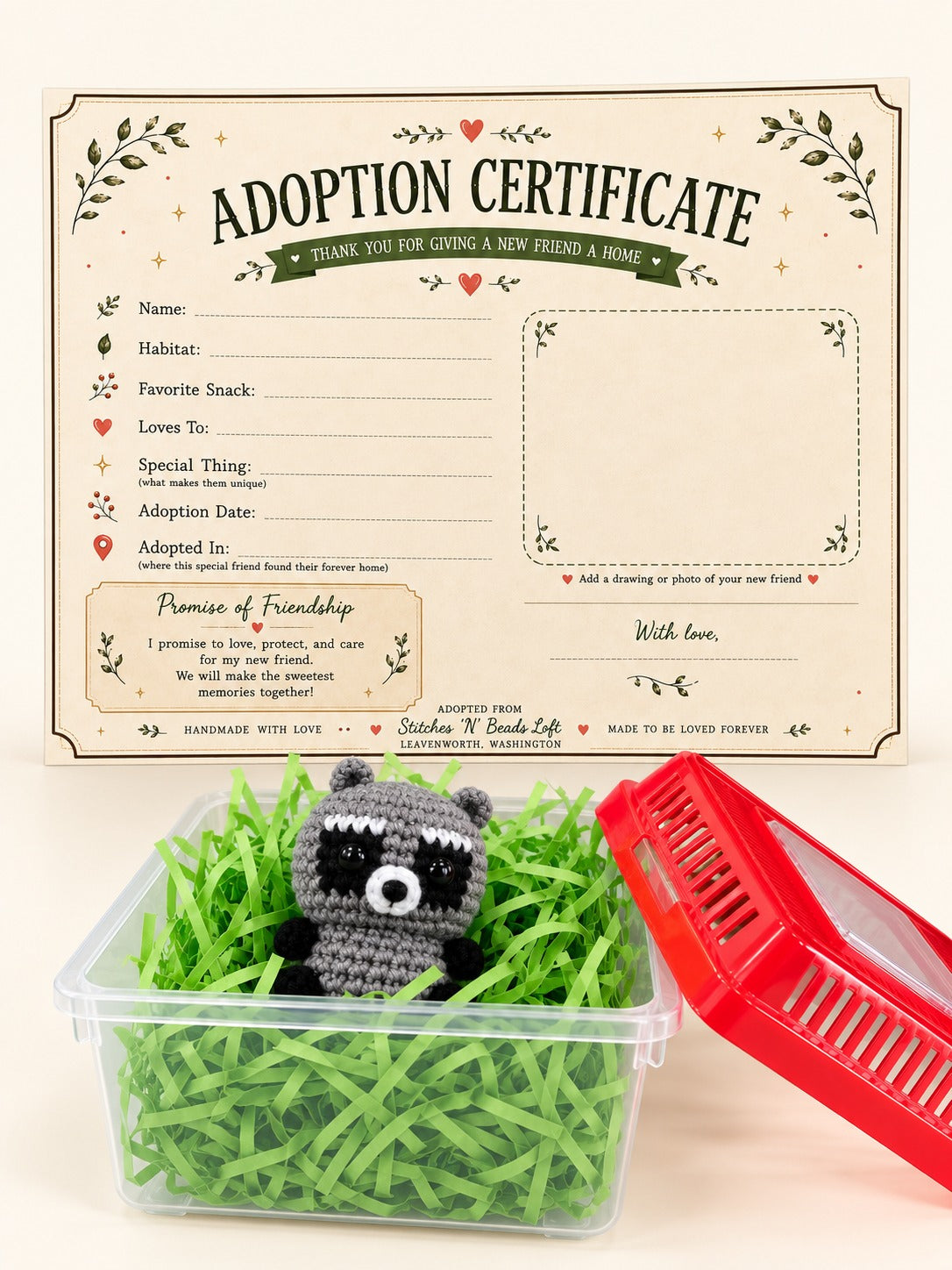 Example adoption kit — animal and carrier lid color may vary
