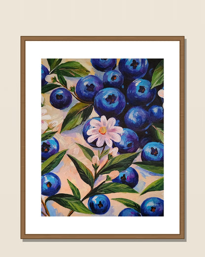 Blueberries & Blossom shown in a natural wood frame for display inspiration — frame not included